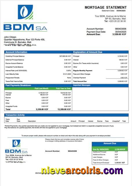 Mali Banque du Développement du Mali (BDM) mortgage statement Word and PDF template